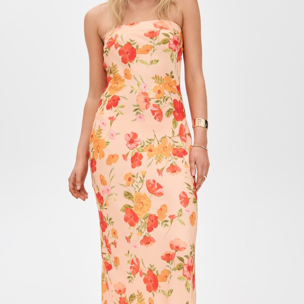 RESA Floral Strapless Midi Dress - Peach and Red